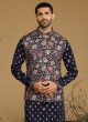 Navy Blue Jacket And Kurta Set With Thread Embroidered Work